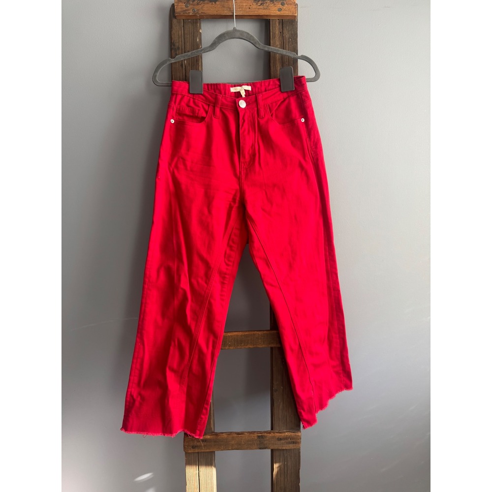 Maje Red Cropped Wide Leg Jeans Raw Hem Size 38 Medium Nautical Streetwear